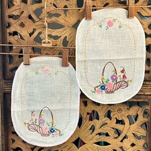 Vintage Pair of His and Hers Handmade Floral Embroidered Crocheted Hand Towels.